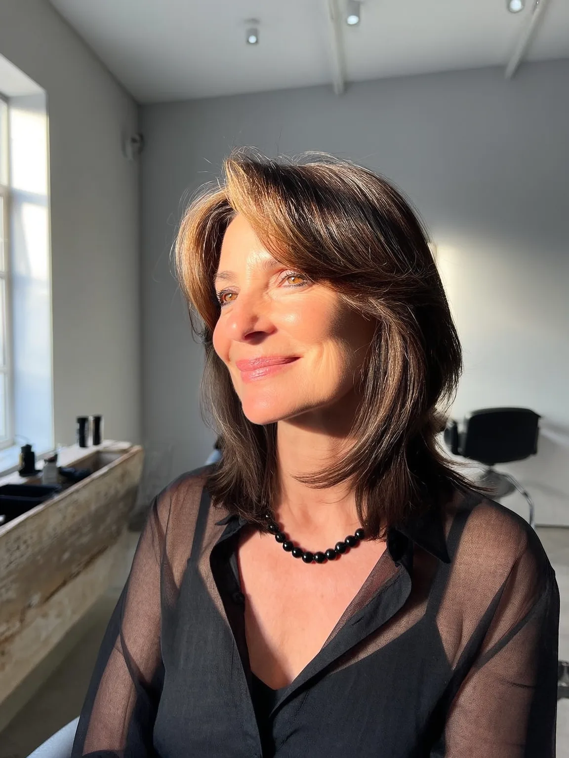Shoulder-Length Straight Layers with Long Bangs